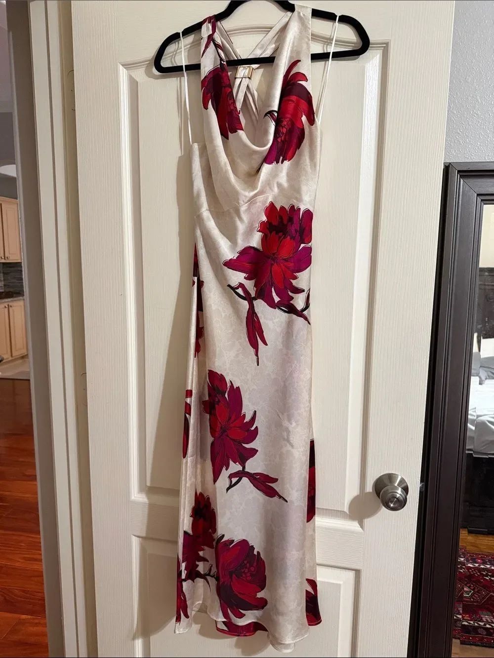 NWT ZaraāSilk-Look Ivory Floral Cowl Neck Slip Dress with Red Bloom Print